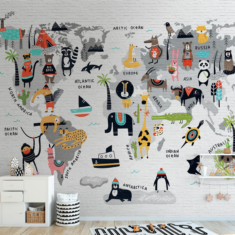 carta da parati mappa degli animali in una camera di bambini