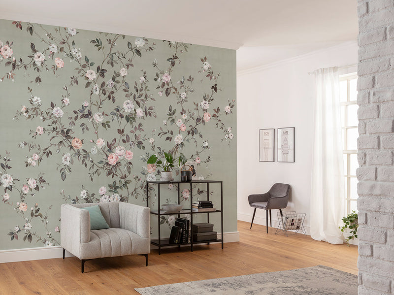 carta da parati roselline su sfondo verde ambientata