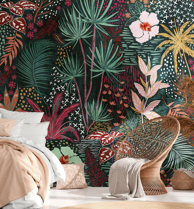 carta-da-parati-foglie-e-fiori-tropicali-the-wall-laguna-ambientata