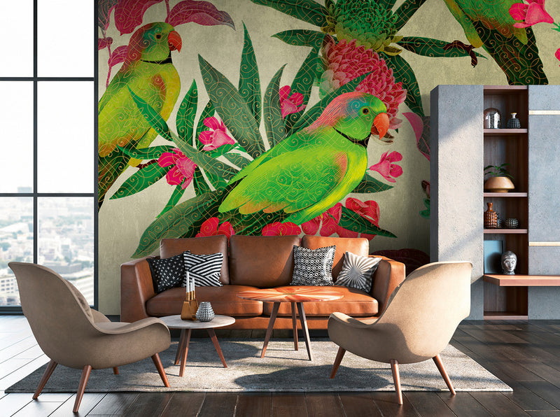 carta-da-parati-pappagalli-the-wall-parrots-ambientata