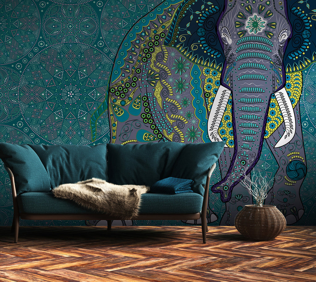 Home interior mock-up with green sofa, table and decor in living