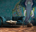 Home interior mock-up with green sofa, table and decor in living