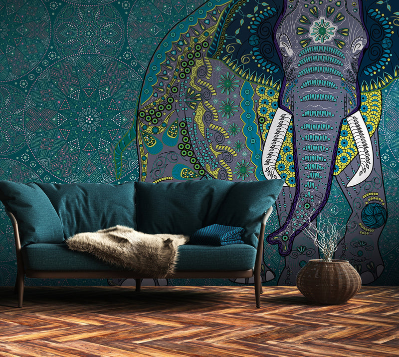 Home interior mock-up with green sofa, table and decor in living