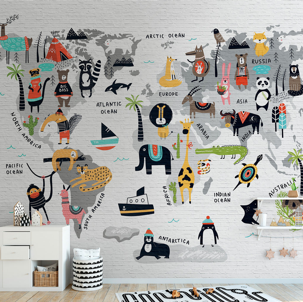 carta da parati mappa degli animali in una camera di bambini