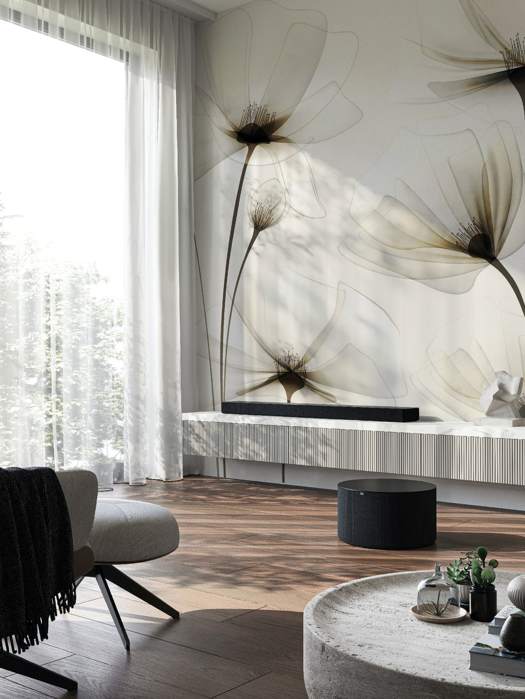 carta da parati bianca fiori bianchi ambientata