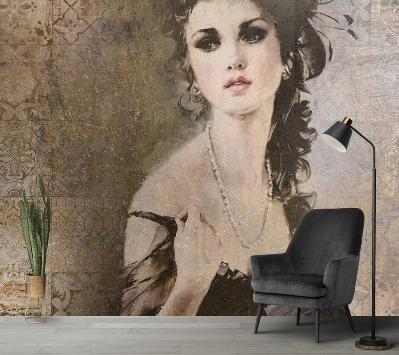 carta-da-parati-donna-elegante-ambientata in una sala d'attesa