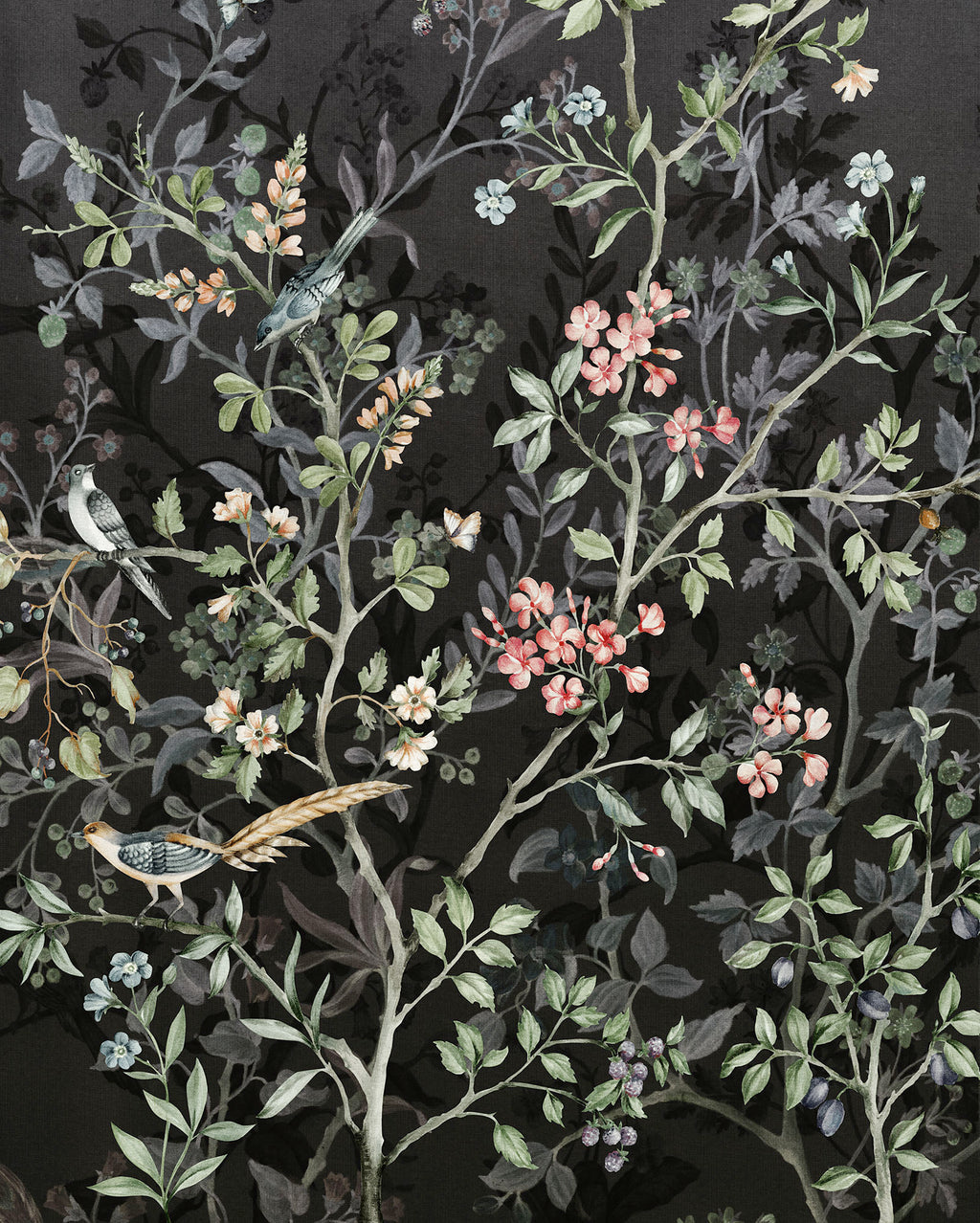 carta da parati giardino con sfondo nero e dettagli verdi e salmone ambientata