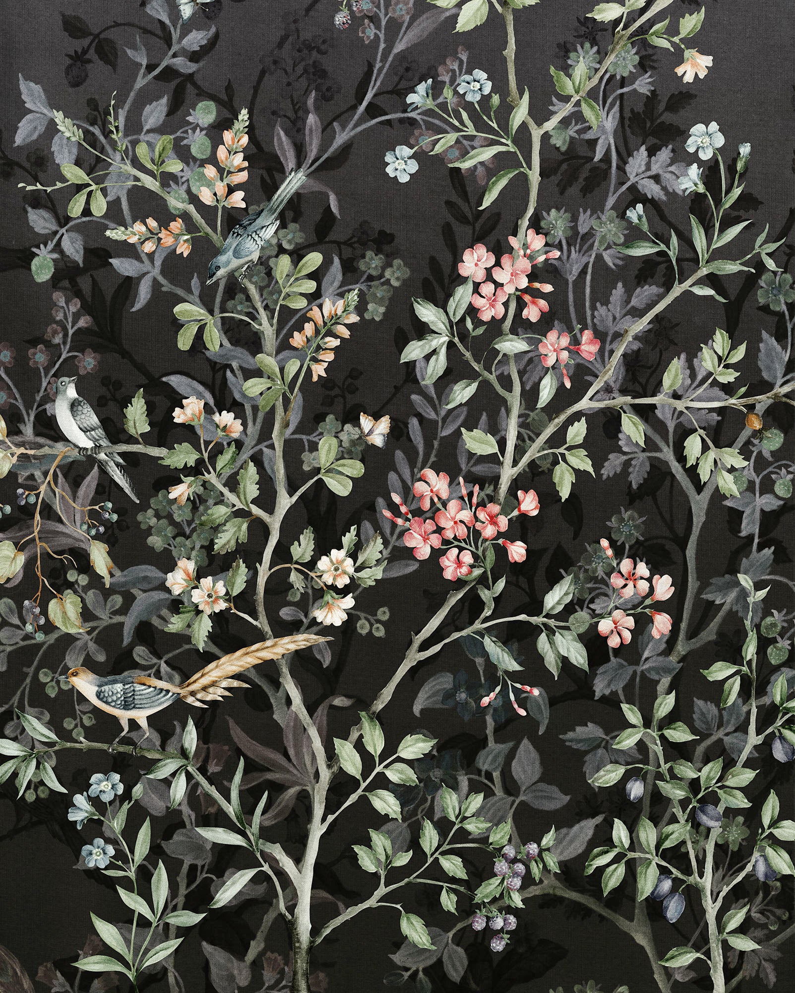 carta da parati giardino con sfondo nero e dettagli verdi e salmone ambientata