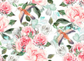 Beautiful watercolor seamless wedding pattern with eucaluptys, peony and rose.
