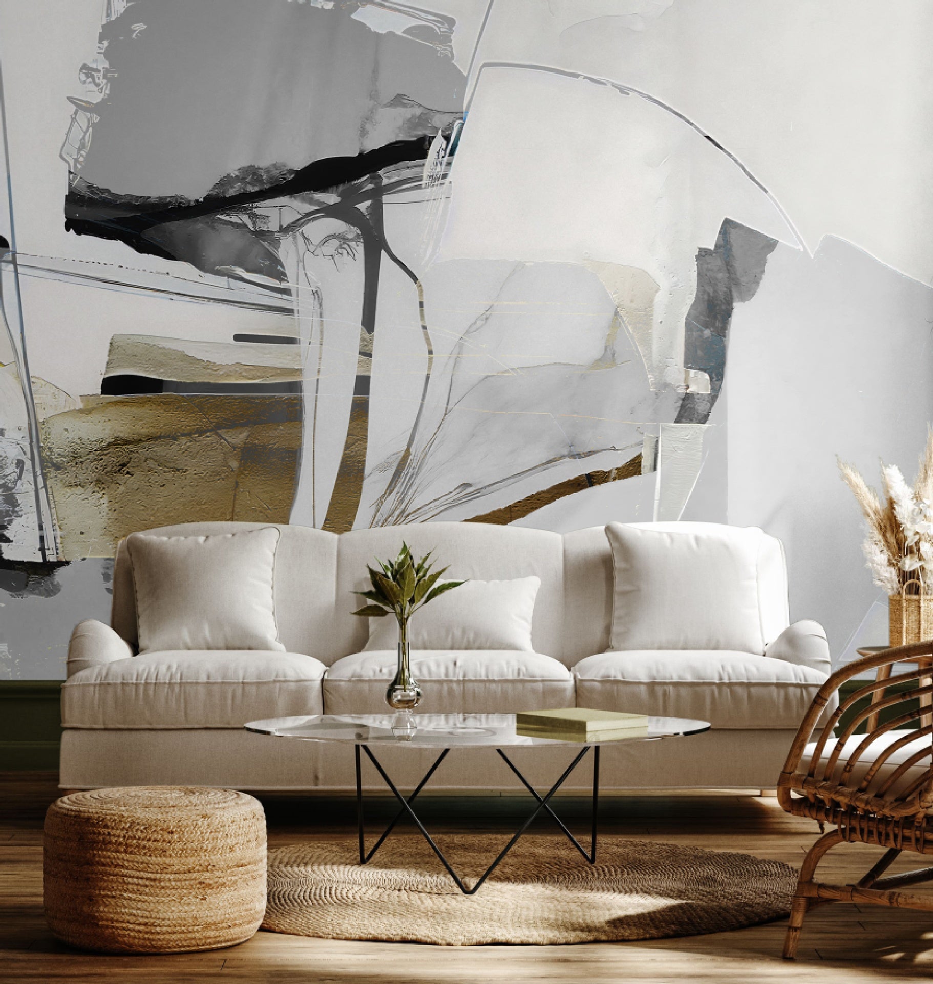 carta da parati pennellate nere oro ambientata