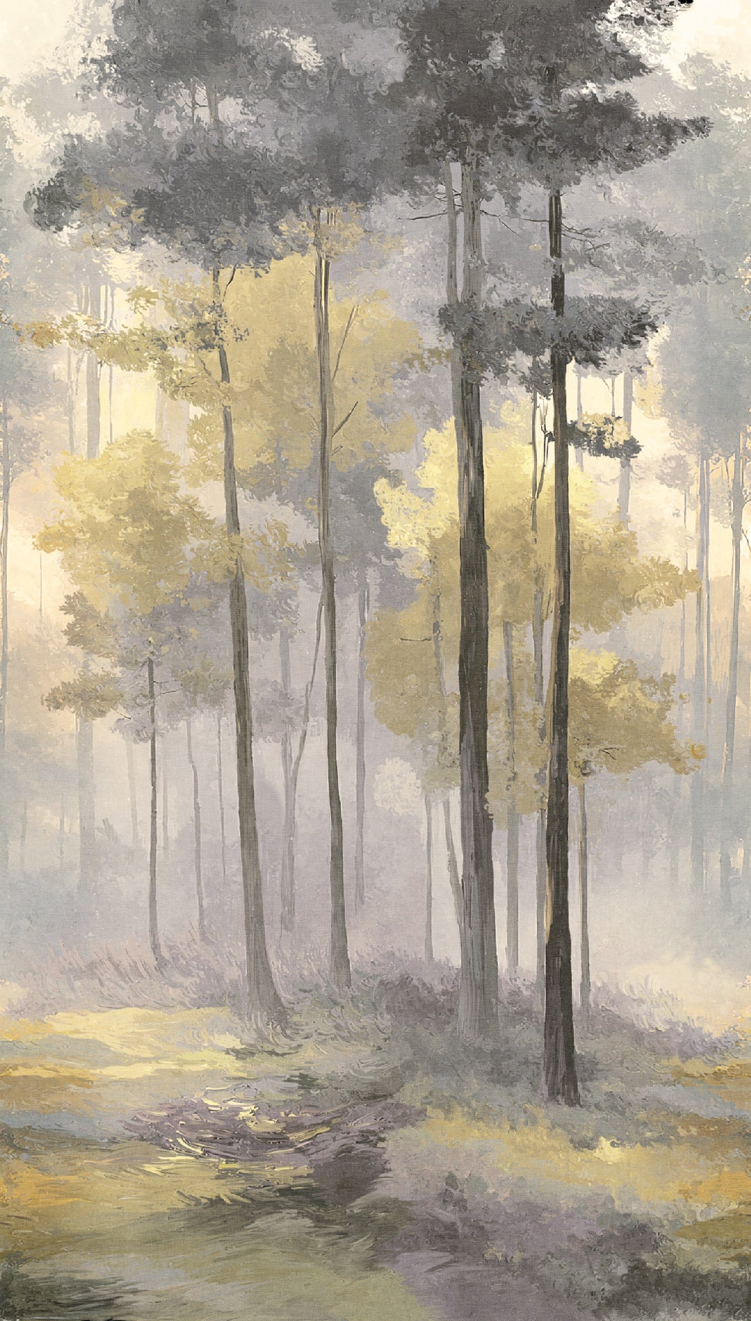 Carta da parati bosco grigio oro